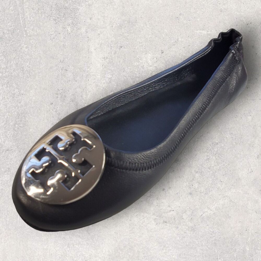 Tory Burch Womens Black Leather Shoes Size 5 Logo Minnie Travel Ballet Flats